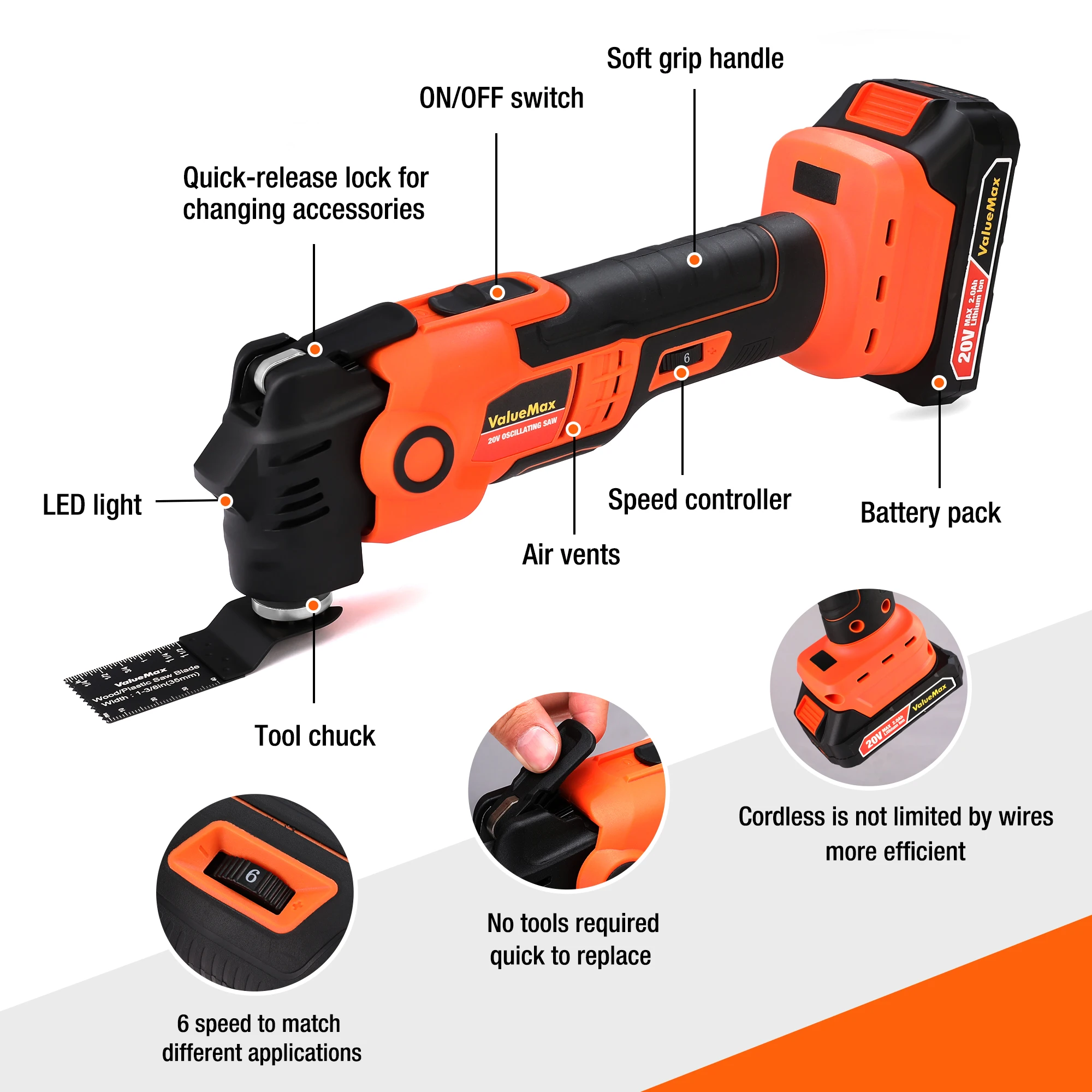 ValueMax 20V Cordless Oscillating Tool with Battery 3.6°Oscillation Angle Oscillating Saw, 6 Variable Speed