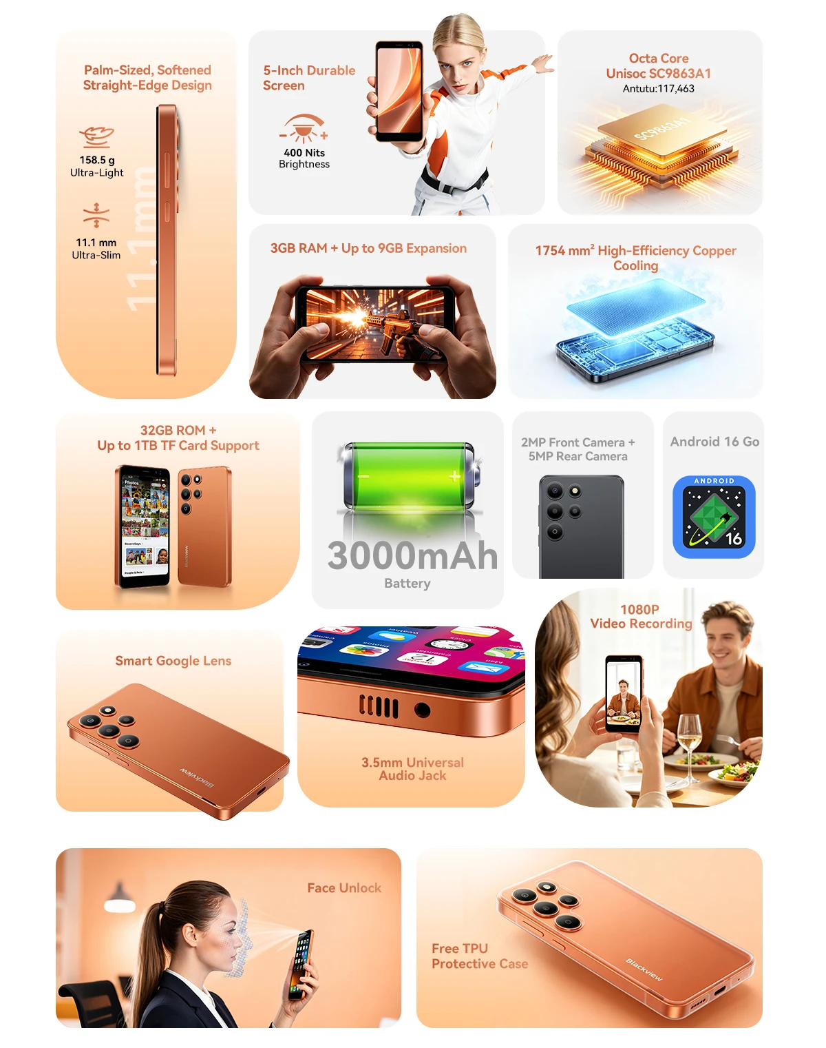 Blackview WAVE 2C Mini Palm Smartphone, 12GB Expand RAM(3GB Physical+9GB Virtual RAM) 32GB ROM, 5 Inch Small Screen, 1080P Video Recording, Android 16, Face Unlock, 3000mAh Battery, Google Lens, Free Soft TPU Protective Case