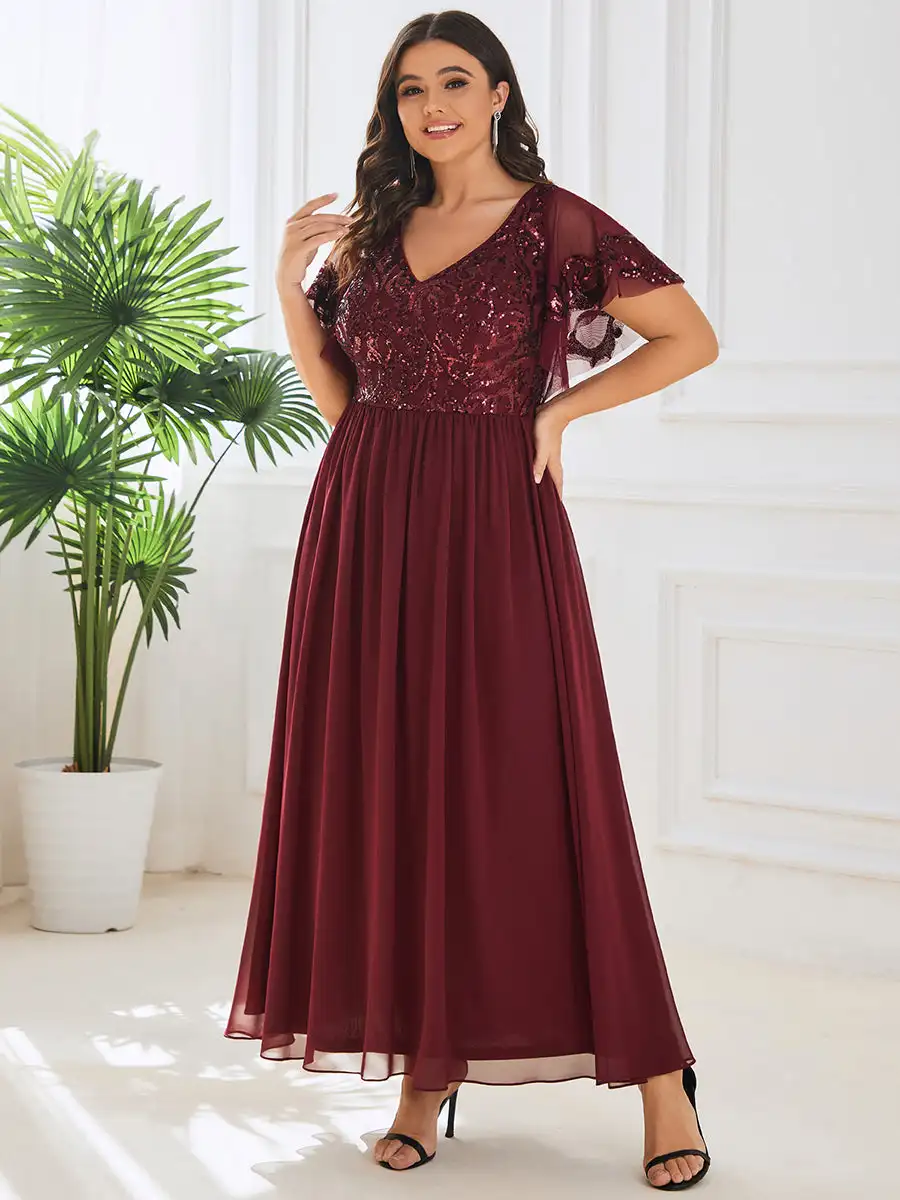 

Plus size Evening Dress Short Ruffles Sleeves V Neck Floor length 2025 Ever Pretty of Burgundy Mother of the Bride Dresses