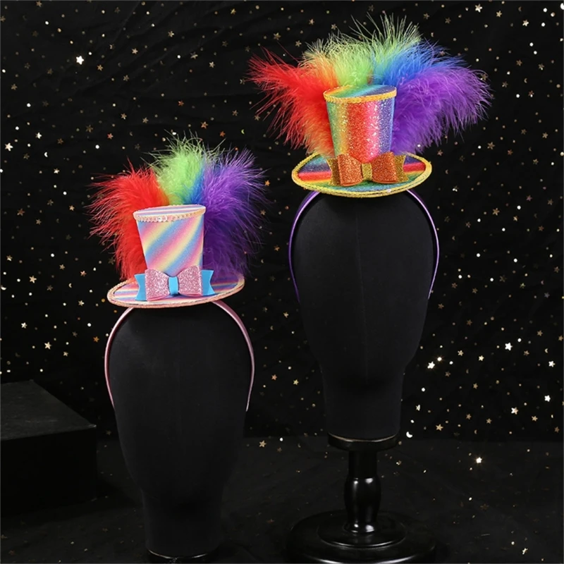 Colorful Flat Top Hat Headband with Feather Adult Kids Funny Carnival Party Hair Hoop Women Men Festival Celebration Headwear