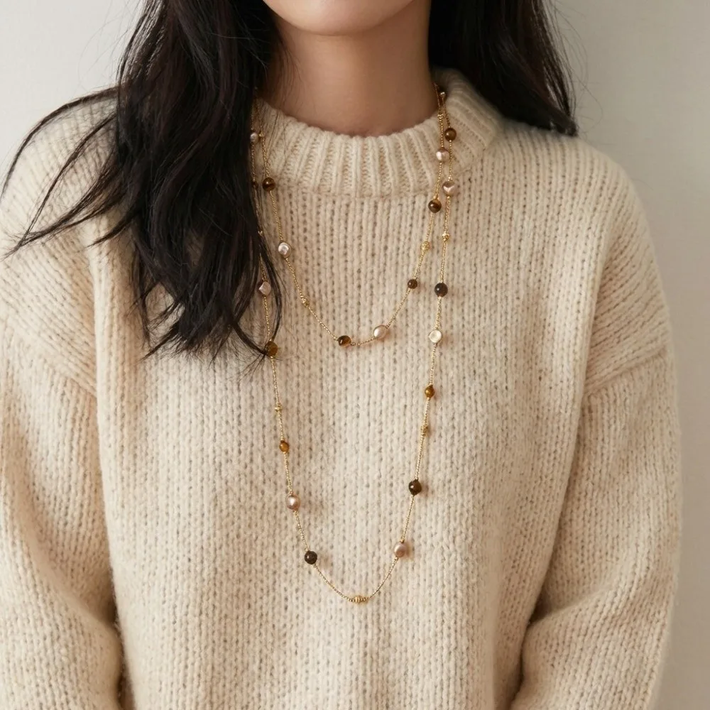 New Long Length Pearl Beads Chain Vintage Style Ethnic Design Long Sweater Chain Colorful Double Layer Chain Women's Jewelry