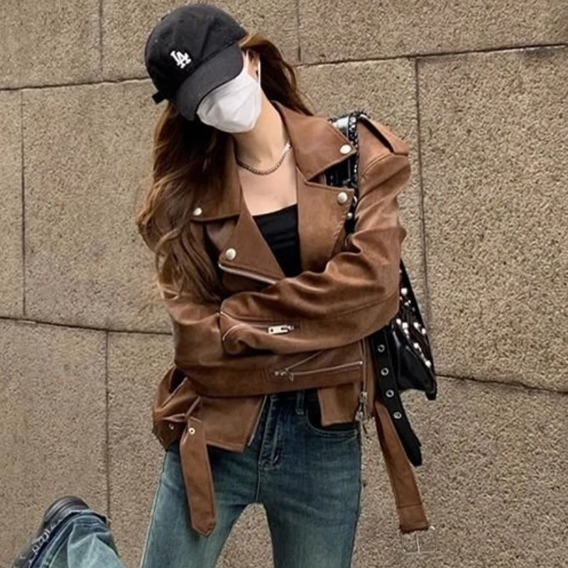 Vintage Brown PU Jackets Women Cool Biker Streetwear Zip-up Outerwear Cropped Fashion Korean Style Female Autumn Y2k Versatile