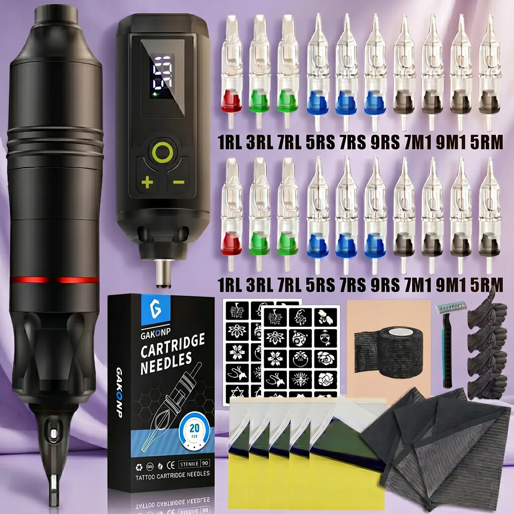 

Professional Tattoo Pen Machine Kit Long Lasting Battery Pen Set with Wireless Power Supply Cartridge Needles Tattoo Supplies