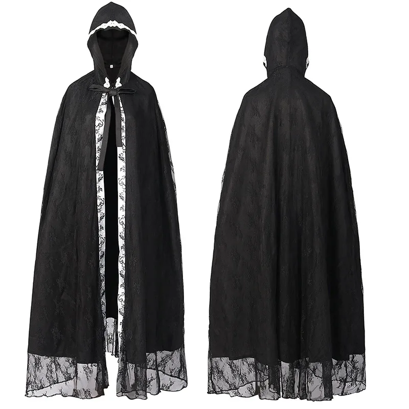 Cape à Capuche de oral alier Gothique Médiéval pour Homme et Femme, Costume de Cosplay de Magicien en Dentelle, Long, Everak, Halloween, Ponchos de Sorcière