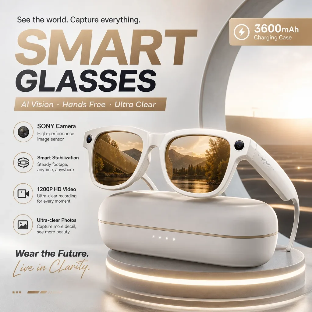 2026 Smart AI Glasses 1080P HD Camera ChatGPT 3600mAh Charging Case Power Bank 32GB Translation Music Video Sunglasses Vlog AI