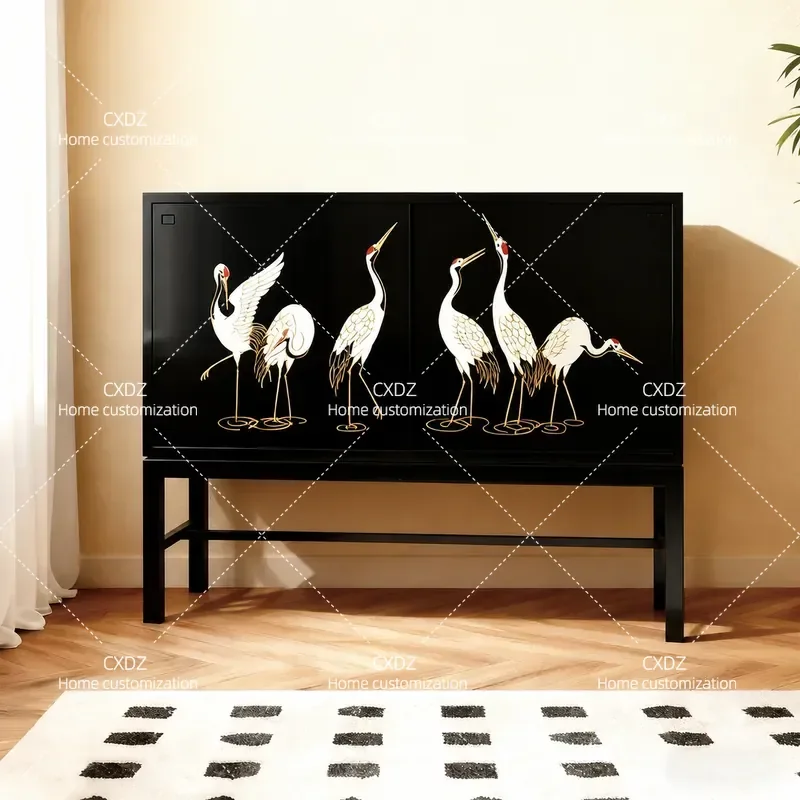 New Chinese Style Crane Pattern Dining Side Cabinet Black Storage Locker Living Room Decorative Cabinet Home Improvement