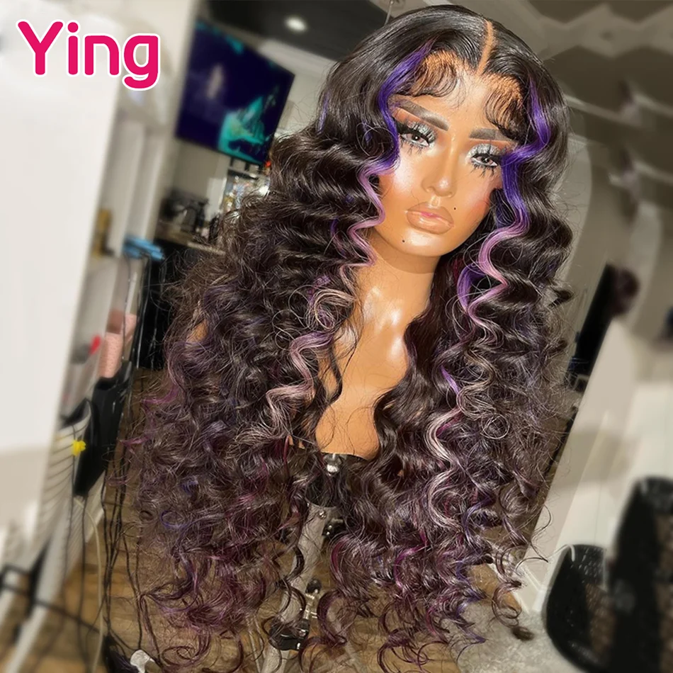 Ying 180% 13x4 peruca frontal do laço encaracolado destaque roxo colorido peruca do laço 13x6 onda profunda solta perucas de cabelo humano preplucked para mulher