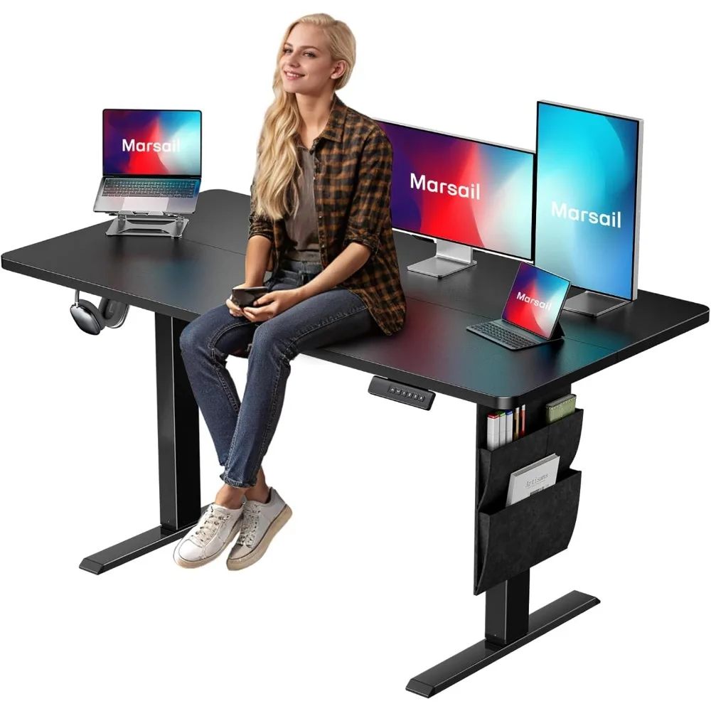 Adjustable Height Electric Standing Desk with Memory Preset, Storage Bag & Headphone Hook for Home Office