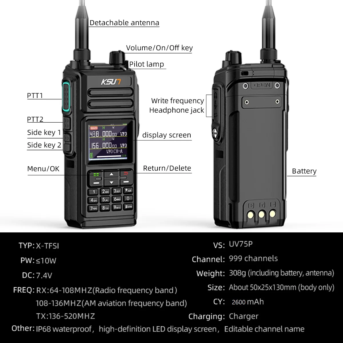 KSUT 10W Walkie Talkie Waterproof Long Range Portable Ham Radios Station Amateur Radio AM Air Band Receiver Transceiver UV75P