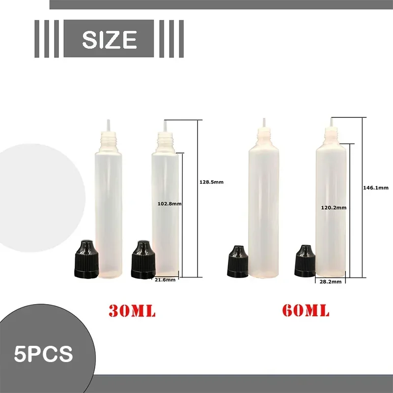 5 stks 30 ml 60 ml Plastic Druppelflesjes met Kindveilige Dop en Dunne Tips Inkt Vloeibare Applicator LDPE Pen Vormige Knijpbare Fles