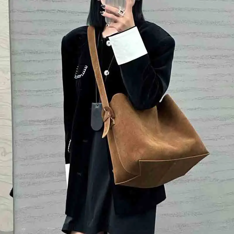 New Winter Matte Suede Cow Leather Women Tote Coffee Retro High-end Warm Color Female Shoulder Bag Huge Commute Travel Handbag