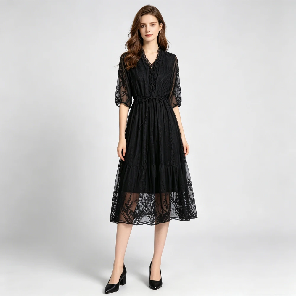 Women's Fashion New Heavy Industry Embroidery Flowing Immortal Silk Georgette V-neck Three-quarter Sleeve Large Swing Dress