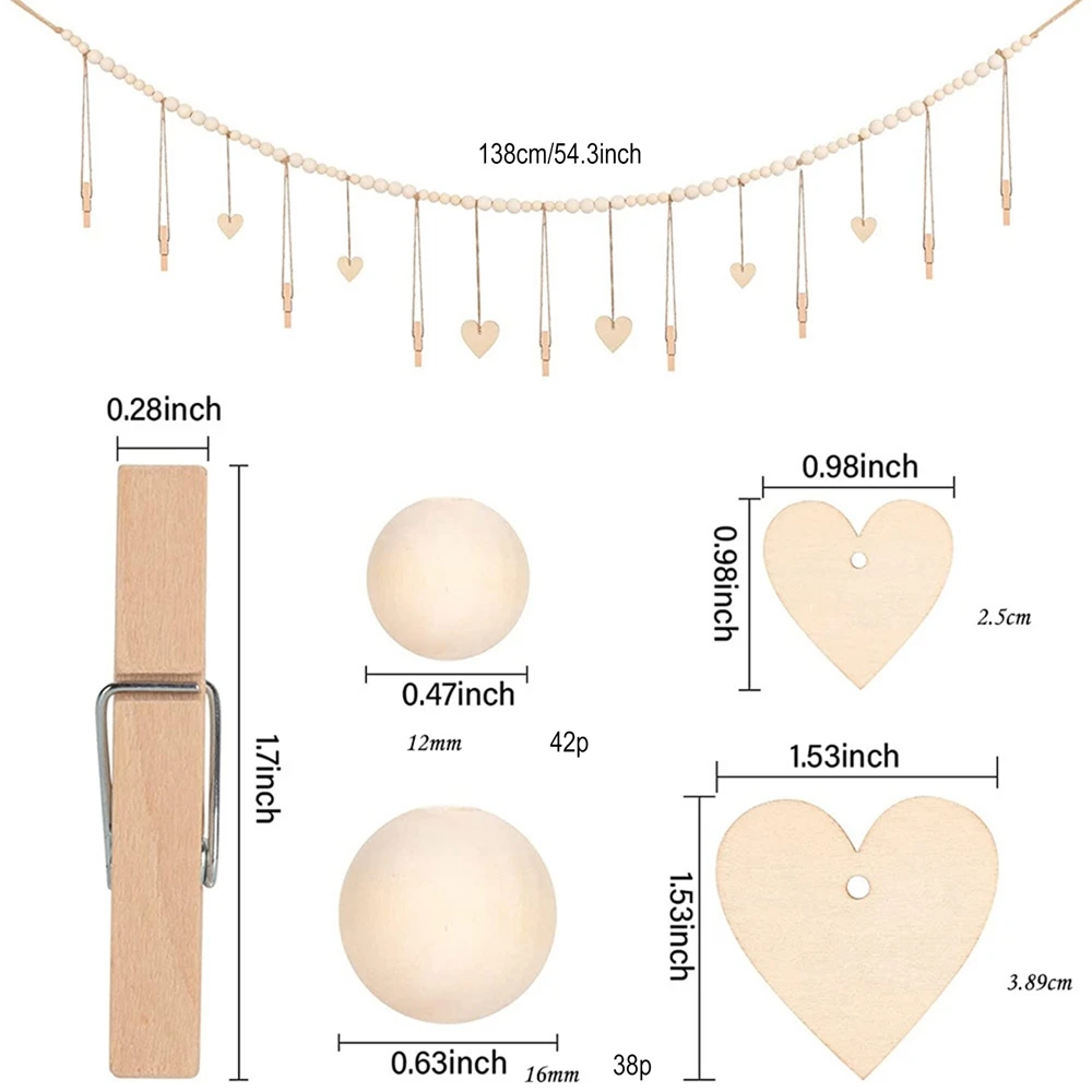 Wooden Beads Photo Display Garland Wall Hanging Photo Shelf Frame String Rustic Wall Hanging Picture Holder Banner Decor Clip