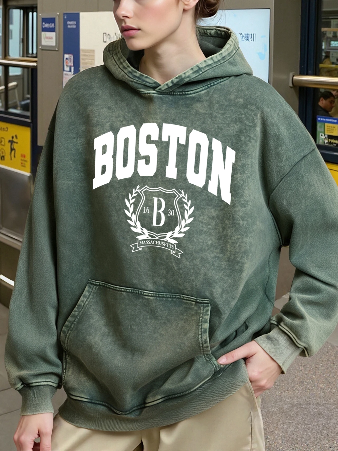 بوسطن الولايات المتحدة الأمريكية مدينة نمط المرأة هوديي فضفاض لينة غسلها هوديس عادية كل مباراة الشارع الشهير الخريف الشتاء القطن الإناث هودي #2