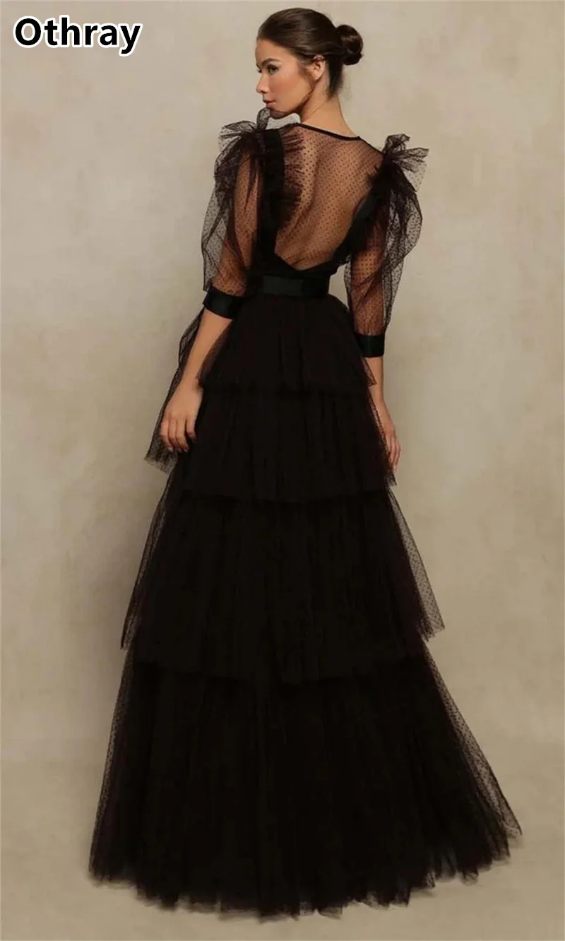 Othray 2025 Black Evening Dress Half Long Sleeves Prom Dress A-line Party Gowns Pleats فساتين مناسبة رسمية Layer Skirt Elegant