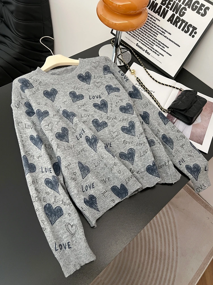 

Свободный вязаный свитер женский весенний больших размеров в корейском стиле с узором «Любовное письмо», омолаживающий эффект, для повседневной носки