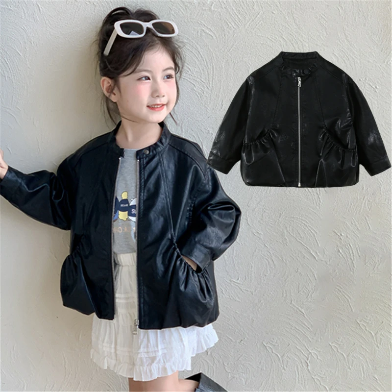Brief Style Baby Girl Casual Black Leather Jacket with Zipper Kids Children Solid Color Autumn PU Leather Coat 2 3 4 5 6 7 8 9 Y