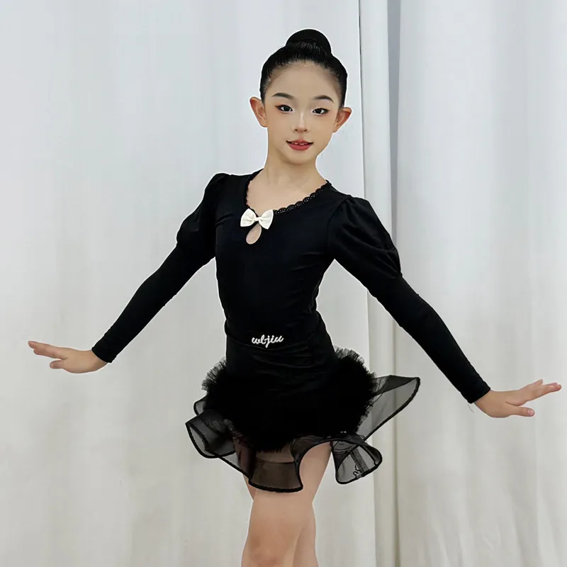 Girls Latin Dance Costume Long Puff Sleeve Lace Neck Mesh Ruffle Skirt Kids ChaCha Rumba Salsa Performance Practice Wear