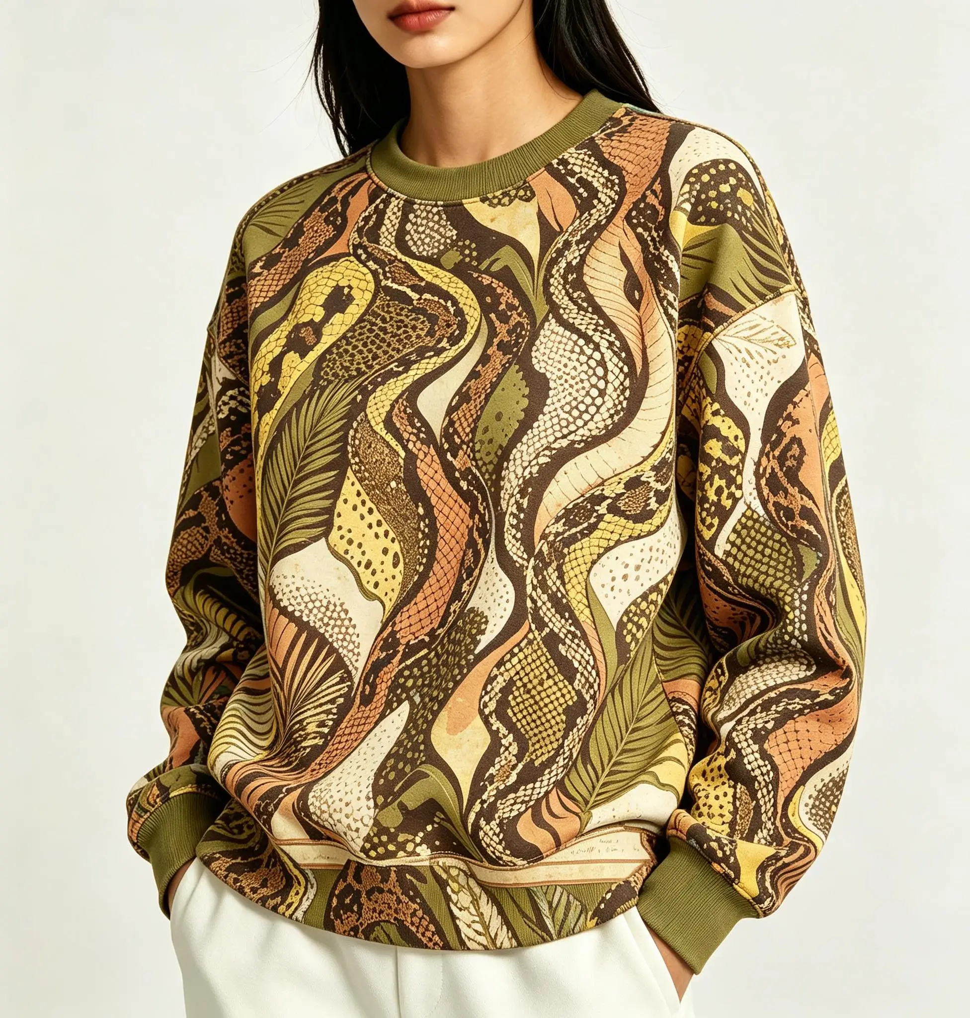 Women Crew Neck Fleece Sweatshirt Abstract Fluid Wave Ethnic Tribal Swirl Print Long Sleeve Loose No Hood Warm Pullover
