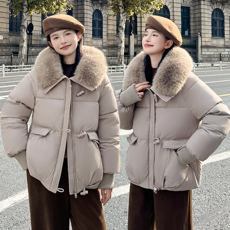 Winter Women\'s Padded Jacket Oversize Puffer Jacket With Large Fur Lapels Stylish New Cropped Thicken Warm Jacket