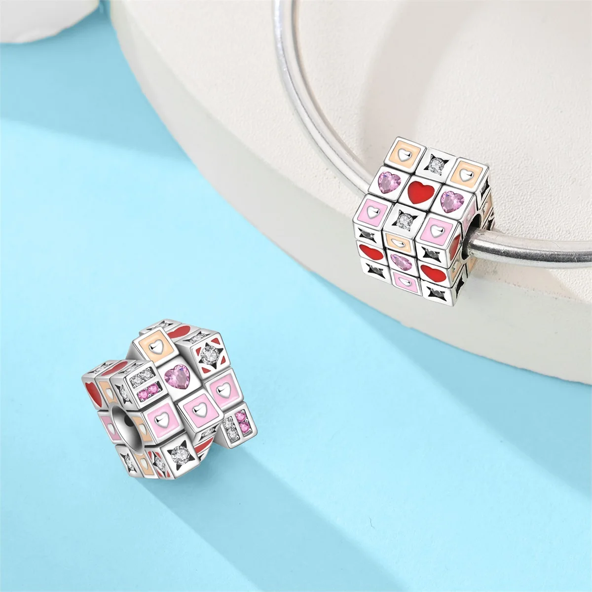 925 Sterling Silver Pink Glittering Zircon Heart Love Magic Headphones Backpack Charms Beads Fit DIY Bracelets Necklace Jewelry