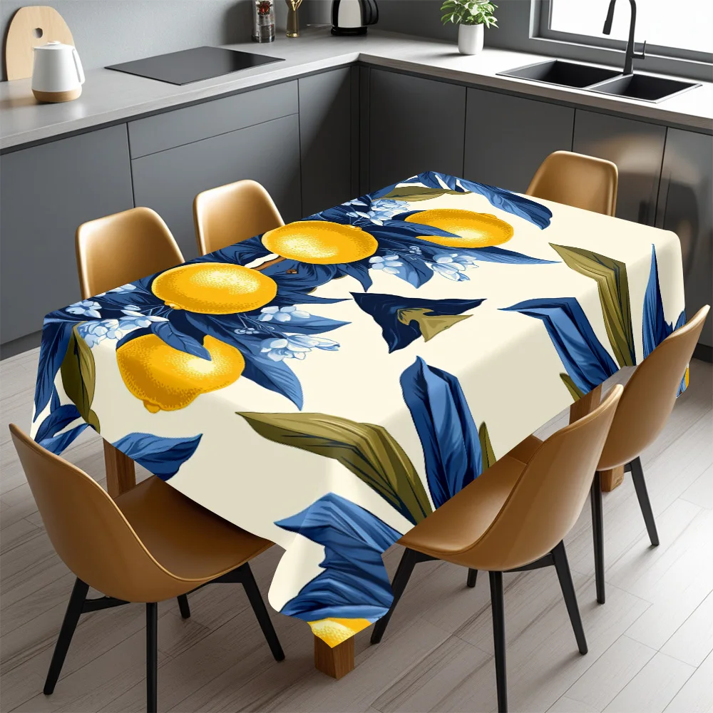 Vibrant Floral Yellow Lemon Print Waterproof Tablecloth for Dining Room Kitchen Countertop Home Decor