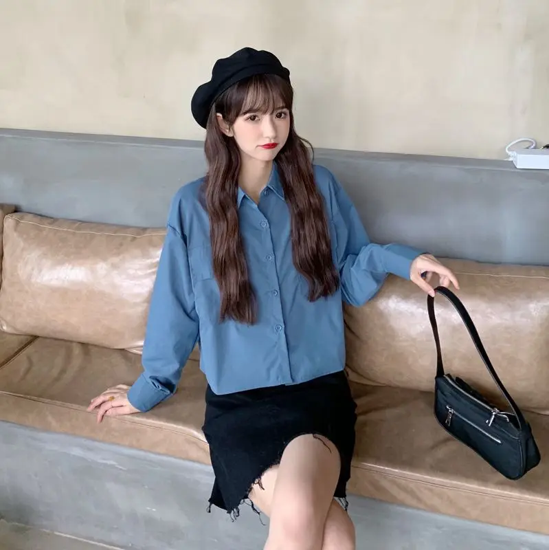 

Loose Blue Long Sleeve Women's Casual Shirt Korean Style Slimming Simple Versatile Commuting Top Comfortable Breathable Fabric