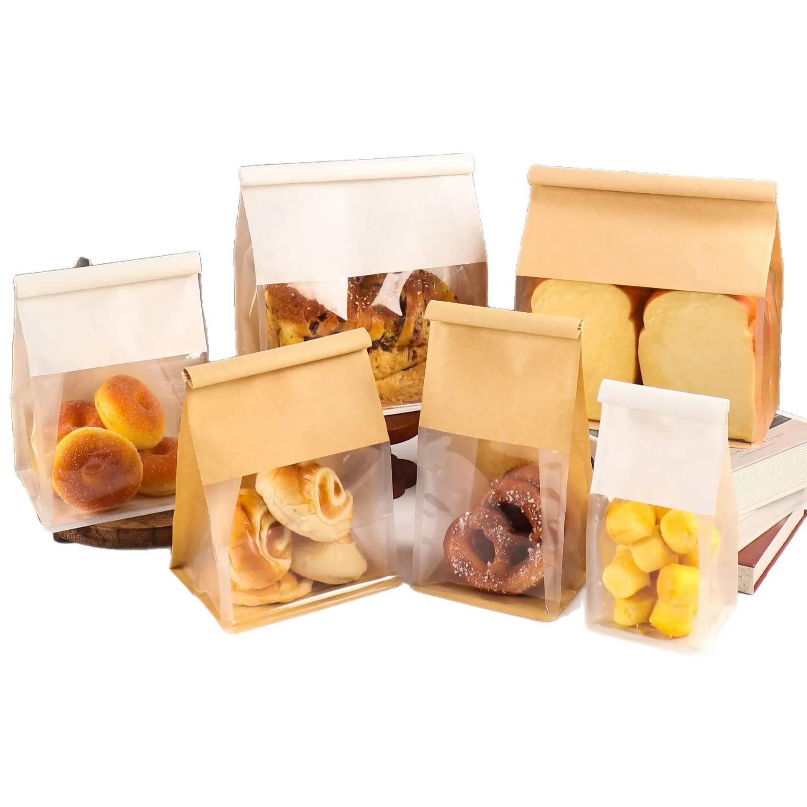 50pcs Baking Packaging Bags for Bread Kraft Paper Eight-Sided Sealed Transparent Windowed Bag for Toast Bread