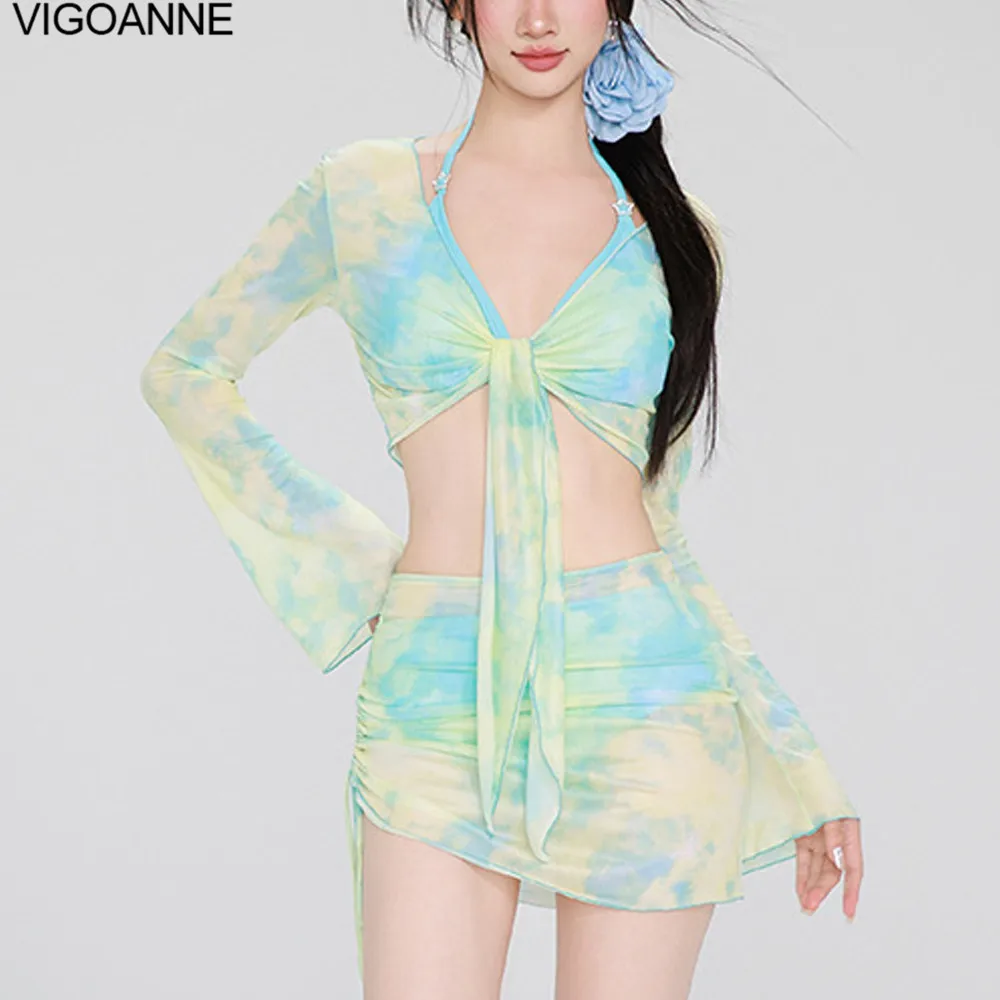 VigoAnne Sexy 2025 Tie-dye Swimwear Women Push Up 4-częściowy zestaw bikini Cove Up Koreański strój kąpielowy z wysoką talią Lady Beach Strój