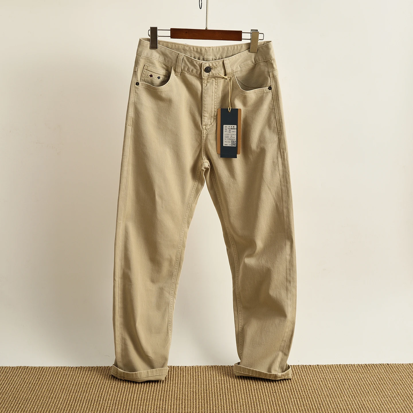 

Khaki Twill Casual Pants Men's Straight Loose Washed Pure Cotton Retro Versatile Cone Long Trousers Trendy Straight Leg Jeans