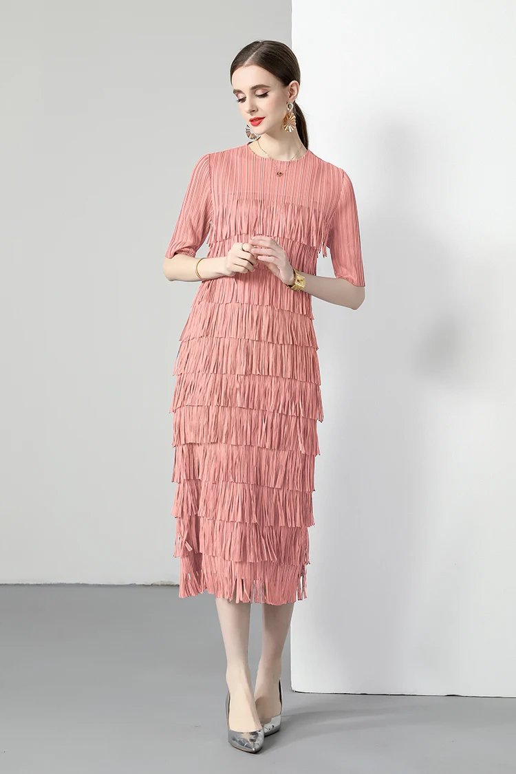 2024 Miyake Pleated Multi-layered Fringed Cake Dress Solid Color Round Neck Mid-sleeve Super Slim Dress Design Hepburn Long Skir