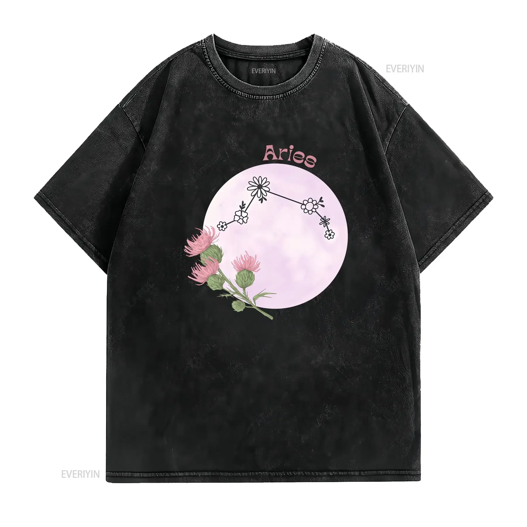 Blooming Under Moonlight Aries with Honeysuckle Moon T Shirt Zodiac Sign Birth Flower Birthday n Garment vintage Washed
