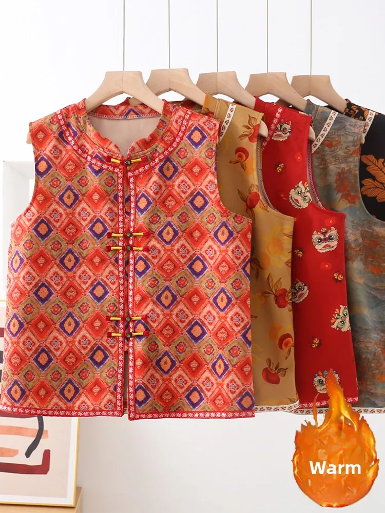 

Women's Warmth-Filled Stand-Collar Jaet Vest Winter Inner Wear Anti-Cold Oversize Loose Mommy's Top Button-Up Floral Pattern