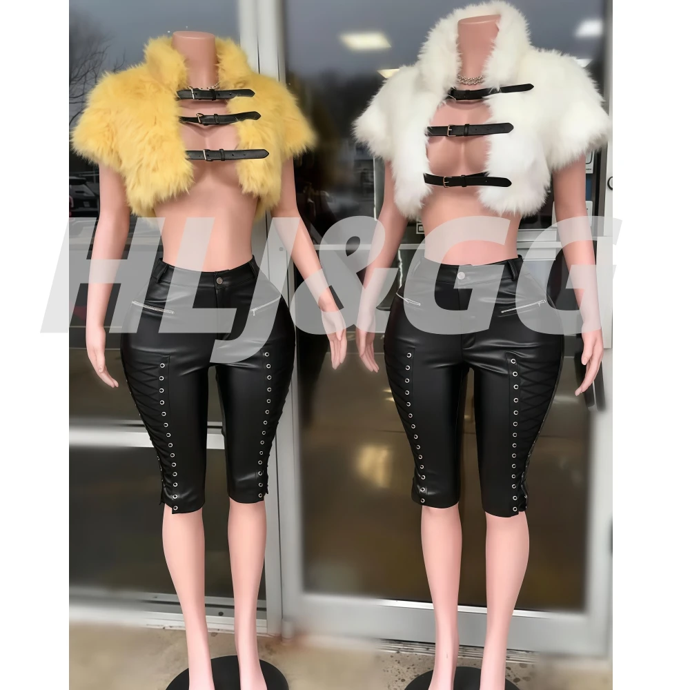 HLJ&GG Trend Fashion Hollow Two Piece Sets Women Stand Collar Fake Fur Crop Coat+Side Bandage Leather Shorts Outfits Streetwear