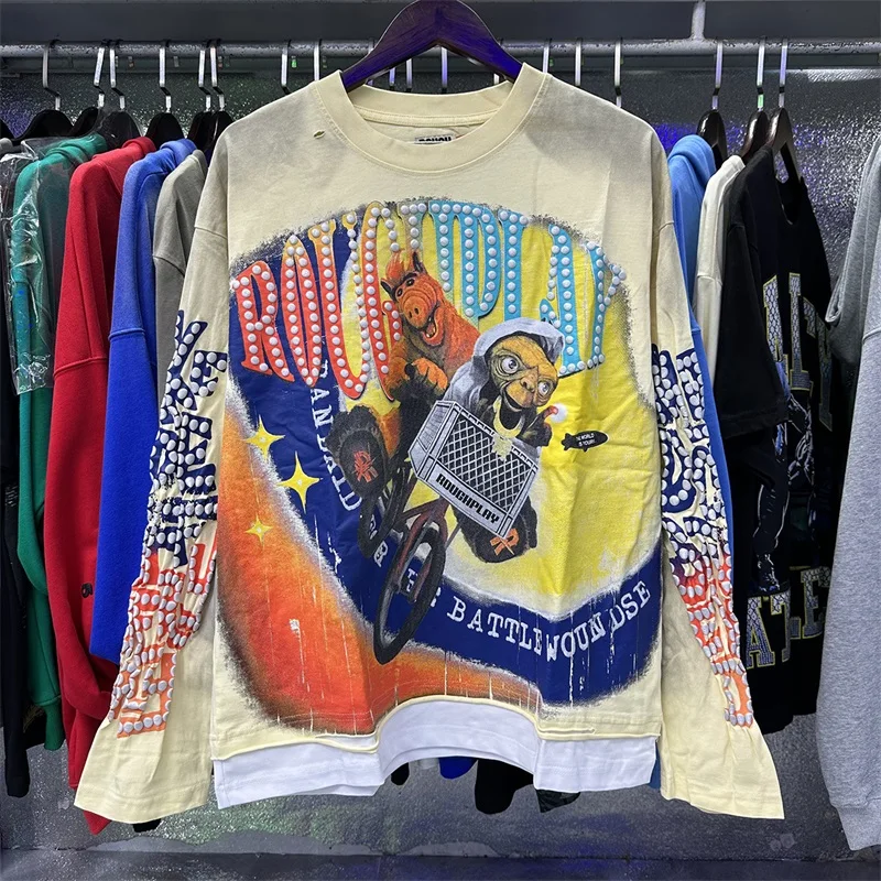 Rough Cartoon Animal Print Long Sleeve T-Shirts Men Women Black Washed Oversized Sweatshirt