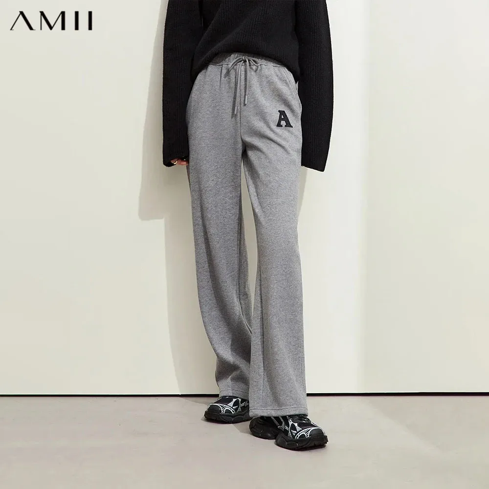 AMII Pants For Women 2026 Winter New Wide Leg Trousers For Woman Loose Elastic Waist Embroidery Versatile Casual Pants 12324099