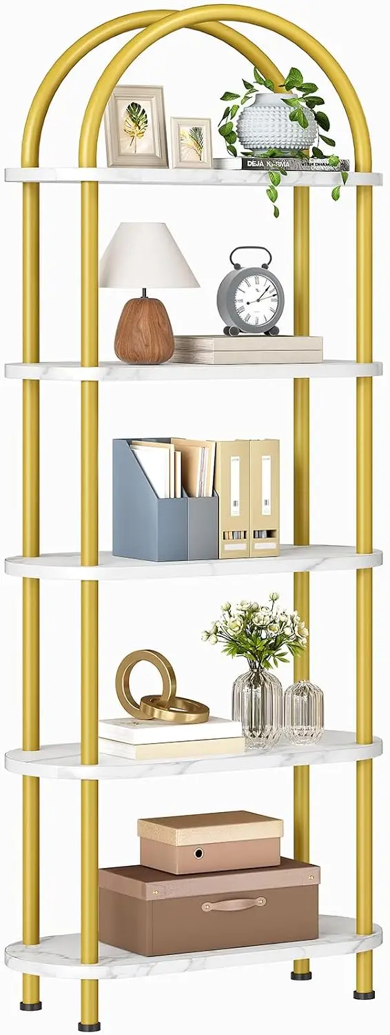 HOOBRO 5 Tier Open Bookshelf, Industrial Arched Bookcase Display Shelf Rack, Wooden Bookcase Storage Shelf Metal Frame, Tall Storage Organizer for Home, Easy Assembly, Gold DM176SJ01