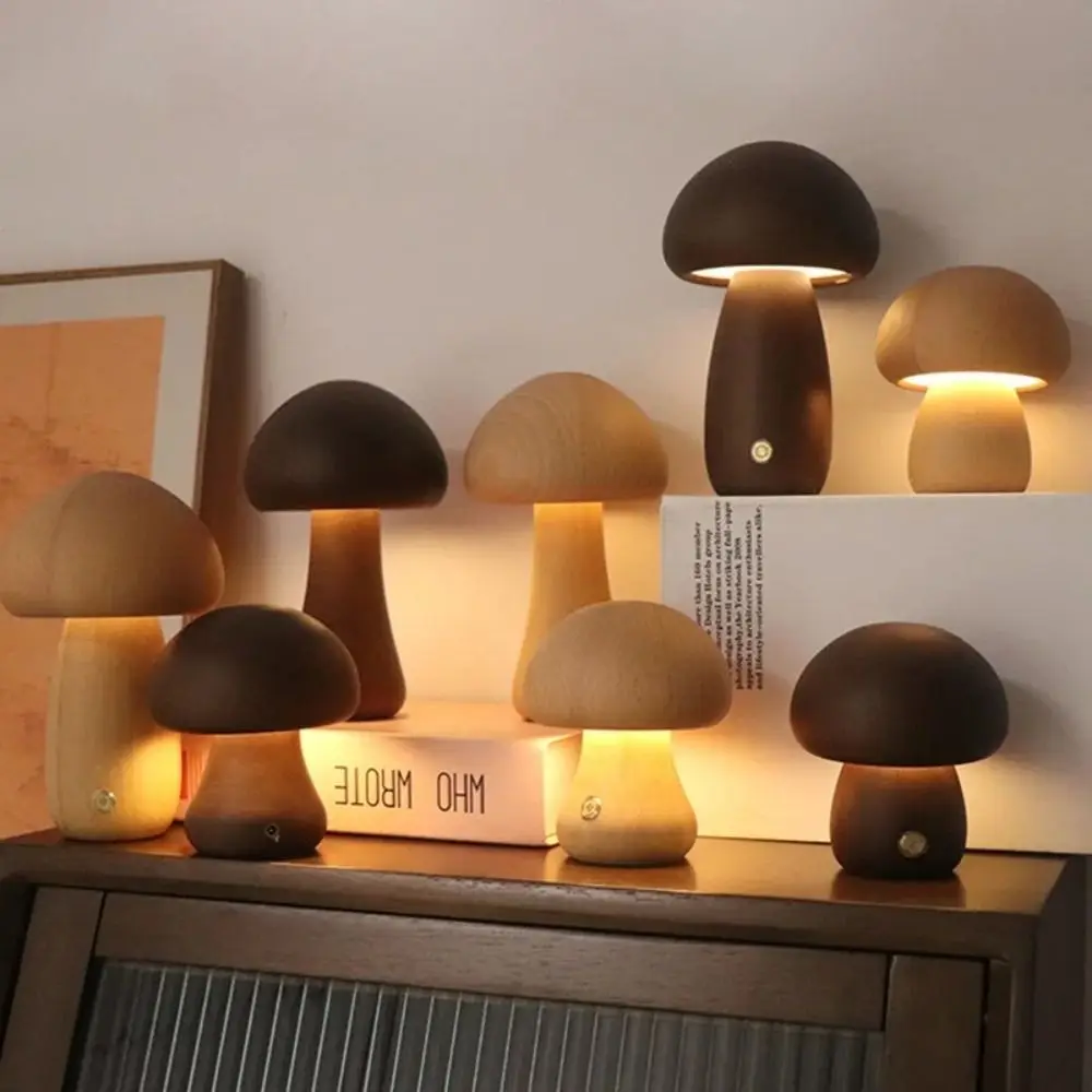 Wooden Mushroom Night Light com Touch Switch, Lâmpadas para dormir para o quarto, Sala de madeira