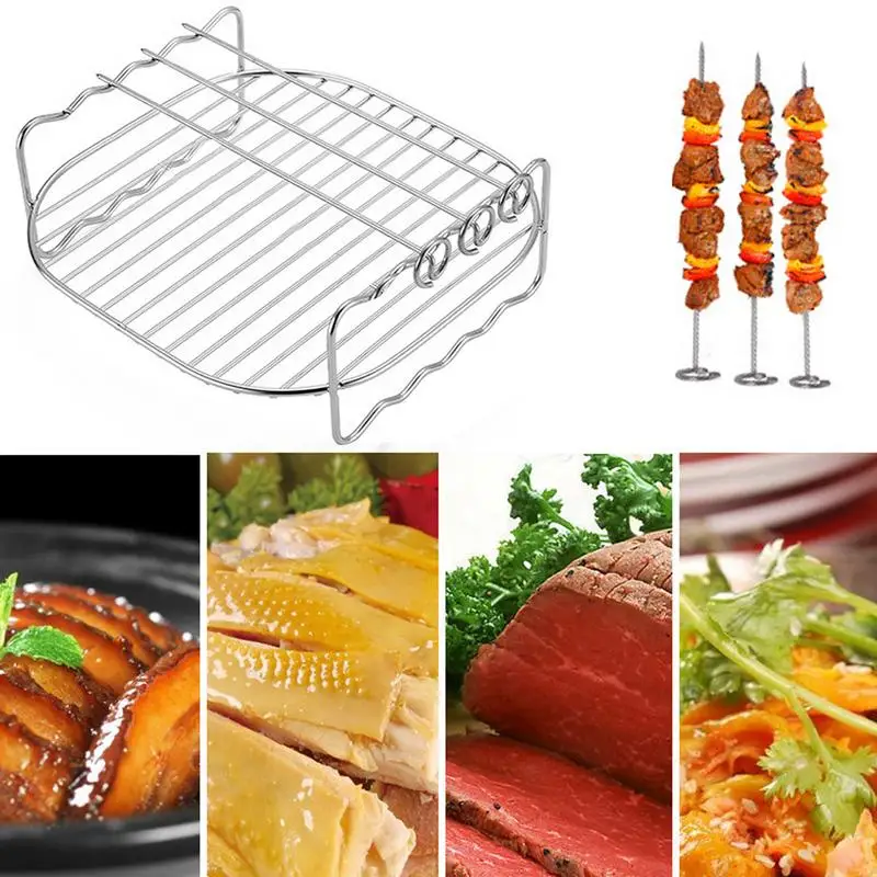 Air Fryer Rack With Skewers BBQ Gril Baking Cooker Accessories Double Layer Stainless Steel Airfryer Grill For Cooking Steaming