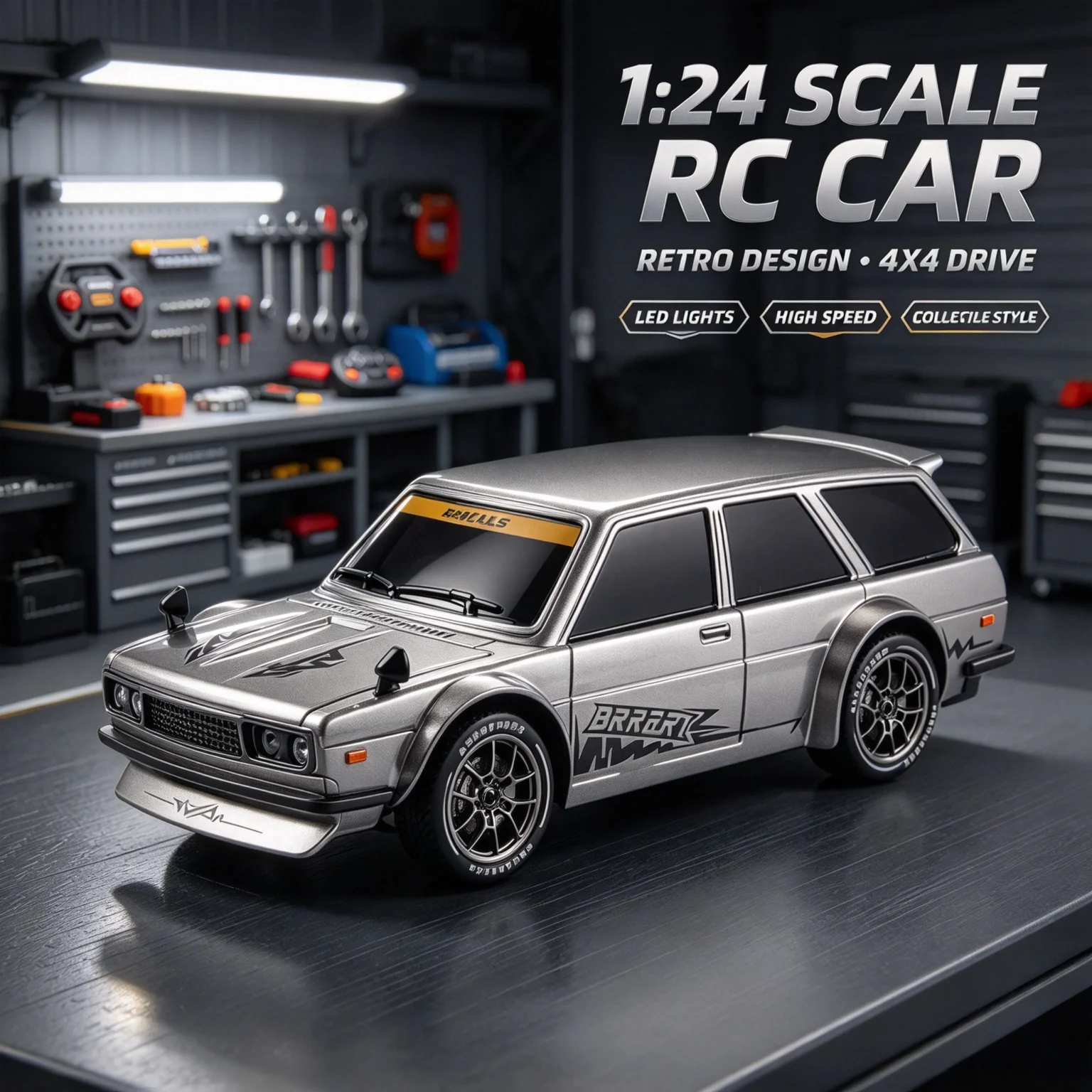 1/24 RC racing car, desktop model with digital full throttle with rotary remote control, LED tail light drifting car, model toy
