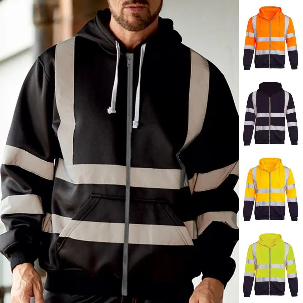 

Men Reflective Strip Hoodie Sweatshirt Drawstring Loose Zipper Closure Long Sleeve Overalls Cold-Proof Male Work Safety Jacket