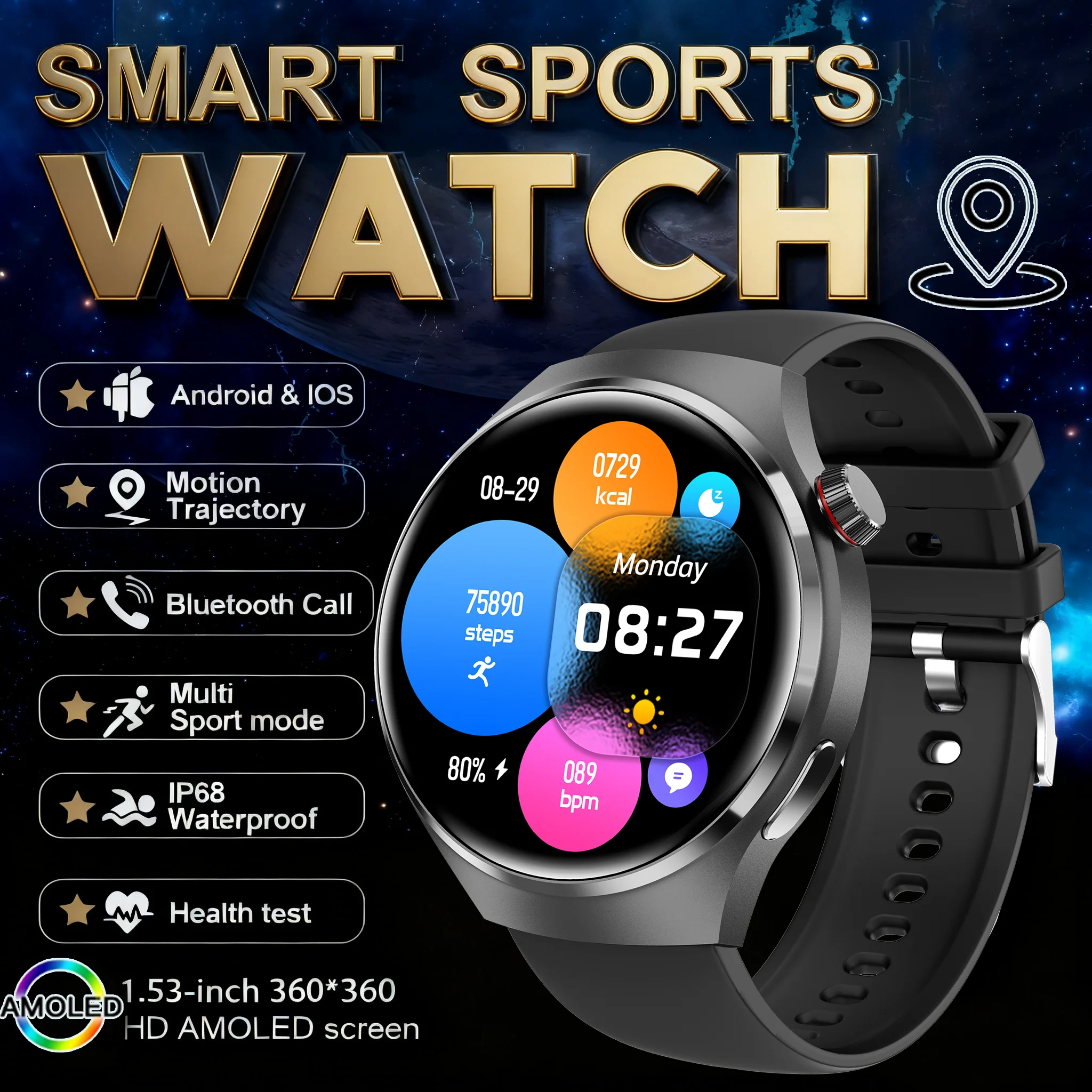 

2025 Smartwatch GPS Smart Watch 3ATM Waterproof 1.53" AMOLED Built-in Dual-band GNSS Compass Sport Military Smartwatches Men