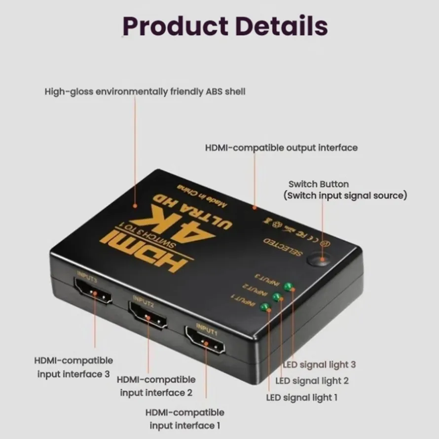 3 Port HDMI-compatible Switch 4K 3D HDMI-compatible VIdeo Switcher 3 Input 1 Output KVM Switches for PC Laptop Xbox PS4 DVD TV image 6