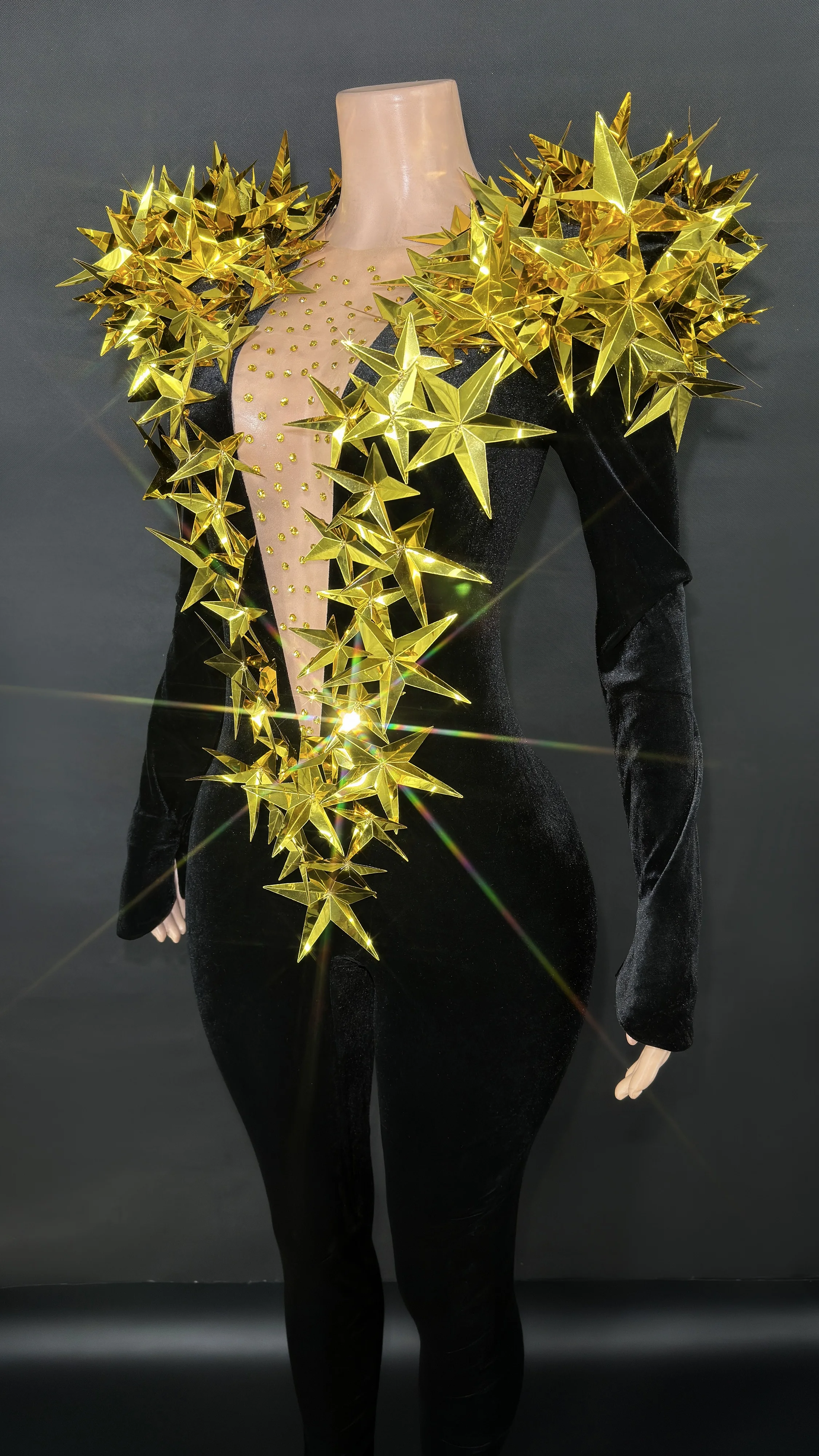 Mais novo brilhante ouro strass preto veludo manga longa macacão feminino festa à noite clube gala anfitriões boate bar trajes de palco