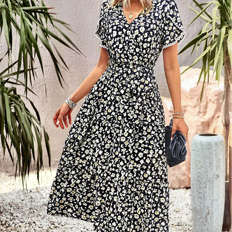 Vestido largo Vintage bohemio Floral de verano para mujer, vestido Sexy de manga corta con cuello en V para playa, vestidos informales con estampado de flores de cintura alta