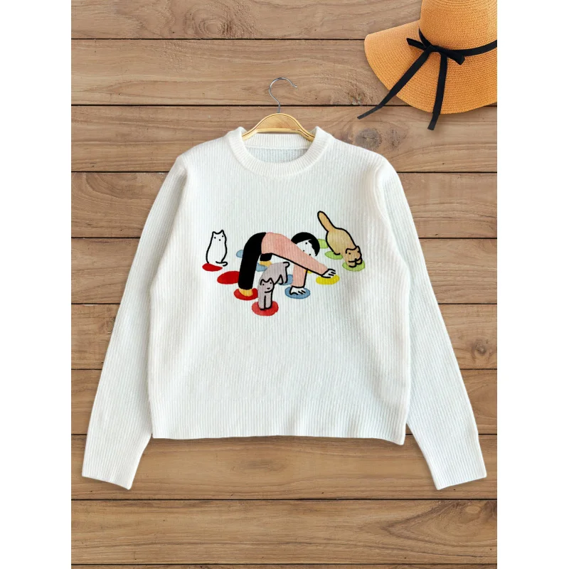 

Playing with Animals Print Knit Cardigan Women's Autumn Winter Button-Up Sweater, Loose Fit, Warm Casual Fashion Gift