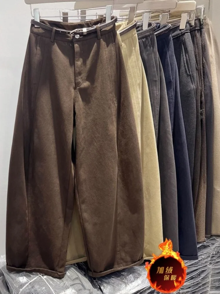 ハイウエスト裏起毛カジュアルストレートレッグパンツ レディース 冬新作 ゆったり着痩せ 暖かいワイドレッグロングパンツ