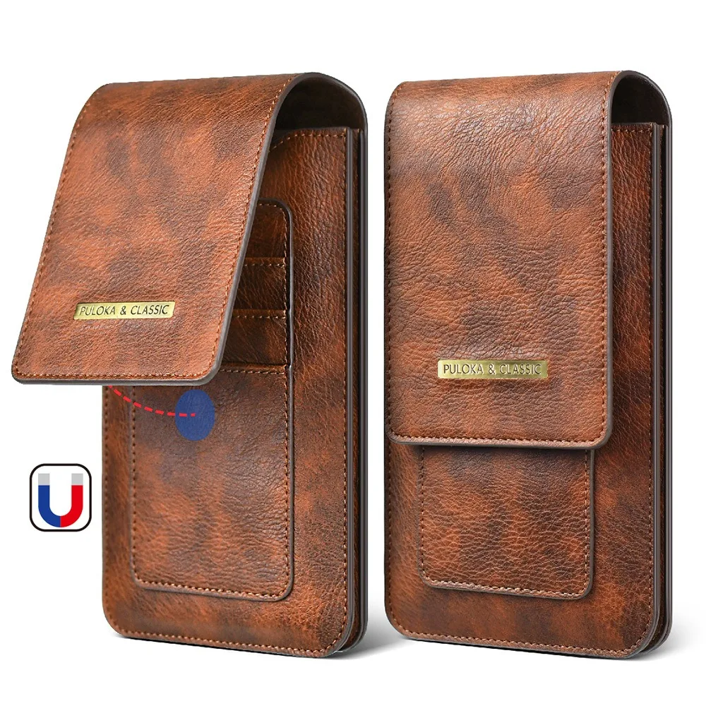 High Quality Horse Leather Waist Belt Phone Bag Double Layer with Loop Outdoor Bags Vertical Card Holder for 6.9-7.2inch Phone