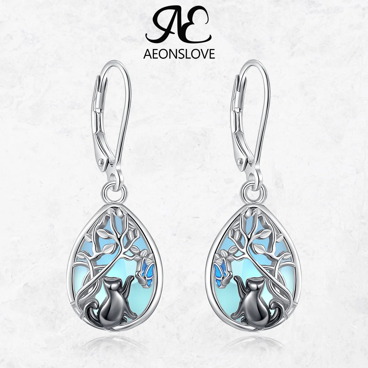 

AEONSLOVE 925 Sterling Silver Teardrop Moonstone Earrings Tree of Life Black Cat Drop Earrings Spiritual Jewelry Gifts for Women