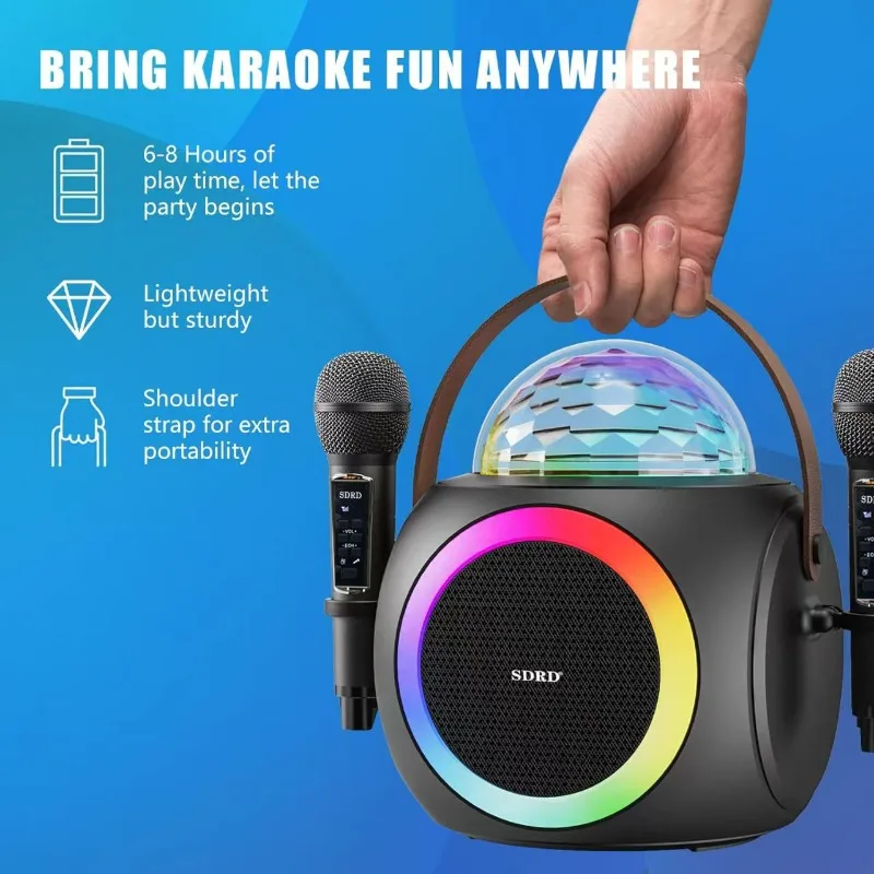 Wireless Dual Mai Bluetooth Speaker Karaoke Machine Audio Microphone LED Lighting Effects Audio